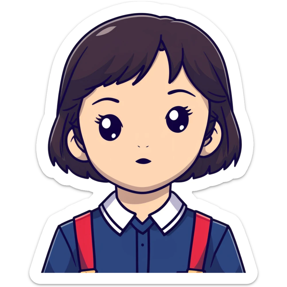 Girl in the shade, dark hair, dark school uniform, face in shadow, only outlines of eyes and mouth visible sticker