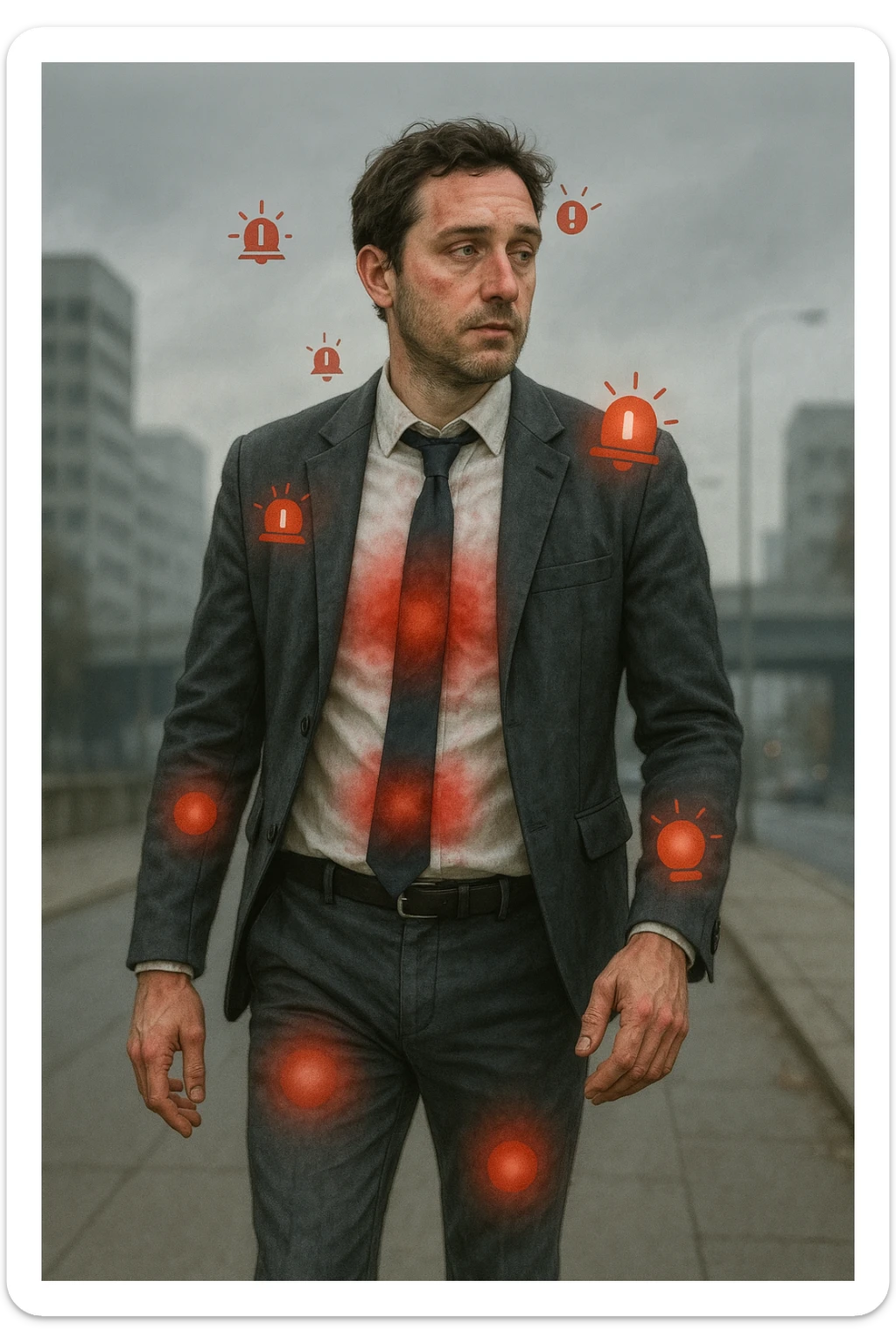 Uomo di circa 35 anni in giacca e cravatta, cammina deciso mentre il suo corpo invia segnali visibili: zone arrossate su addome, testa e articolazioni, occhi stanchi, pelle spenta. Intorno a lui appaiono simboli di allarme (come piccole icone rosse di dolore o stanchezza), ma lui guarda altrove con espressione indifferente o distratta. Sfondo urbano, giornata grigia, atmosfera di disconnessione mente-corpo. Stile realistico con accenti metaforici. sticker