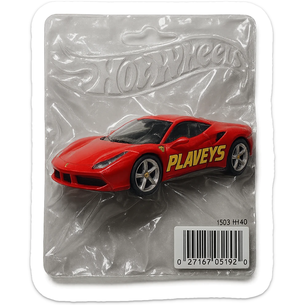 red Ferrari car with the word 'PLAVLEYS' in racing style lettering on the side, inside a Hot Wheels blister package, glossy and puffy, vacuum-sealed style sticker