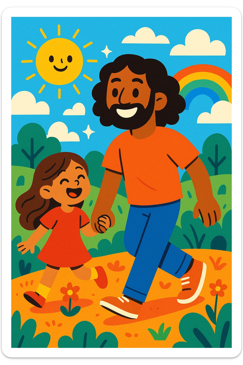 A dad with brown skin and shoulder-length curly black hair, holding hands with a young girl with light brown skin and long wavy brown hair, both cheerful, modern illustration style sticker