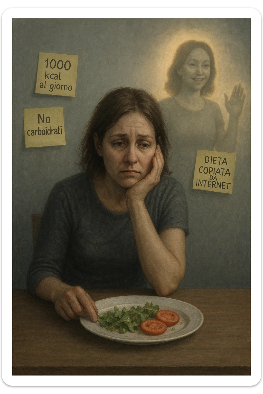 Donna tra i 30 e i 40 anni seduta a tavola, davanti a un piatto quasi vuoto con solo insalata e due fette di pomodoro. Il suo volto è visibilmente triste, stanco, con occhi spenti. Intorno a lei, foglietti attaccati con scritte come '1000 kcal al giorno', 'No carboidrati', 'Dieta copiata da internet'. L’atmosfera è fredda, grigia, priva di energia. Il suo corpo appare spento e scarico. Sullo sfondo, la sagoma di sé stessa più felice e piena di vitalità, come ricordo di un approccio migliore mai seguito. Stile realistico e simbolico sticker