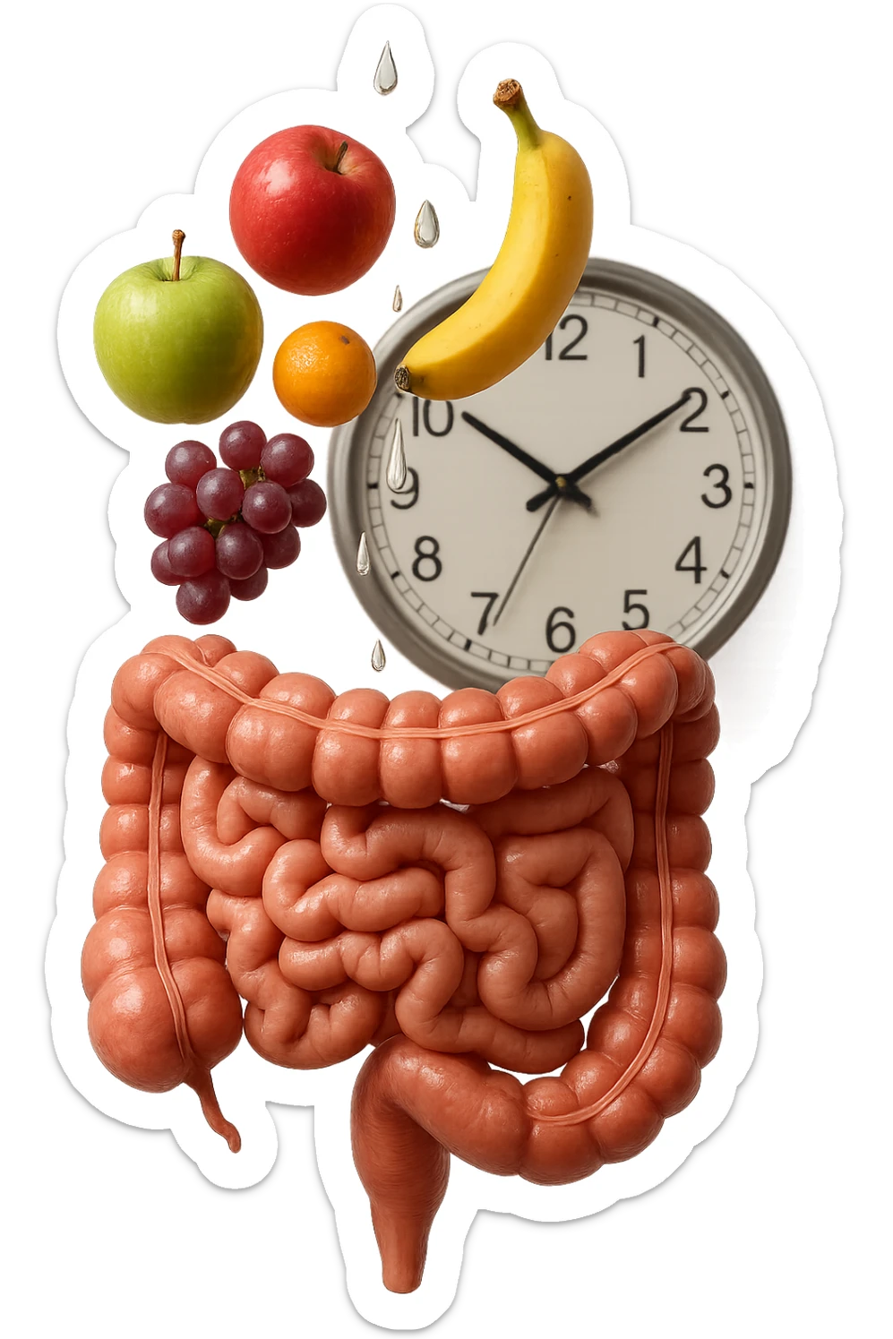 frutta mista cade dall'alto verticalmente insieme a 3 gocce di acqua 3d e un orologio da parete, davanti a questi elementi c'è un intestino umano anatomico iperrealistico sticker