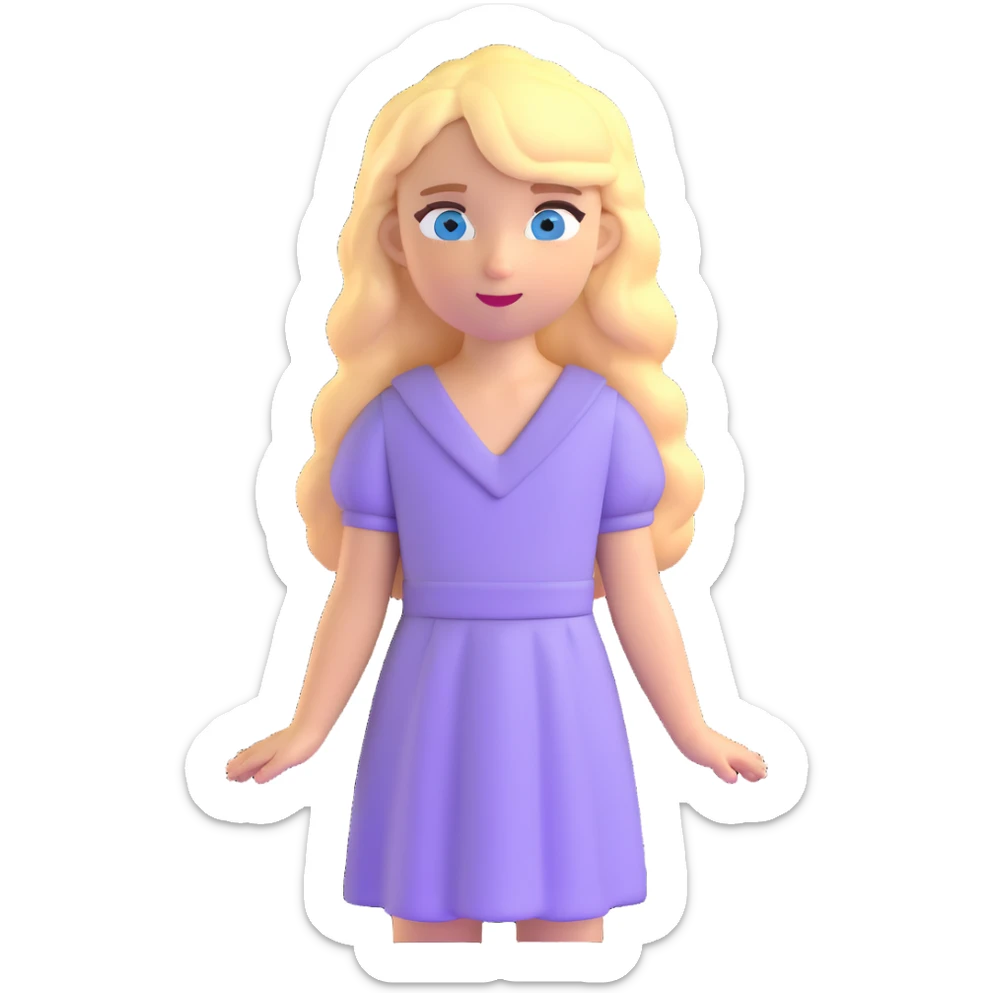 blonde girl with blue eyes and slight wavy hair wearing a lilac dress sticker
