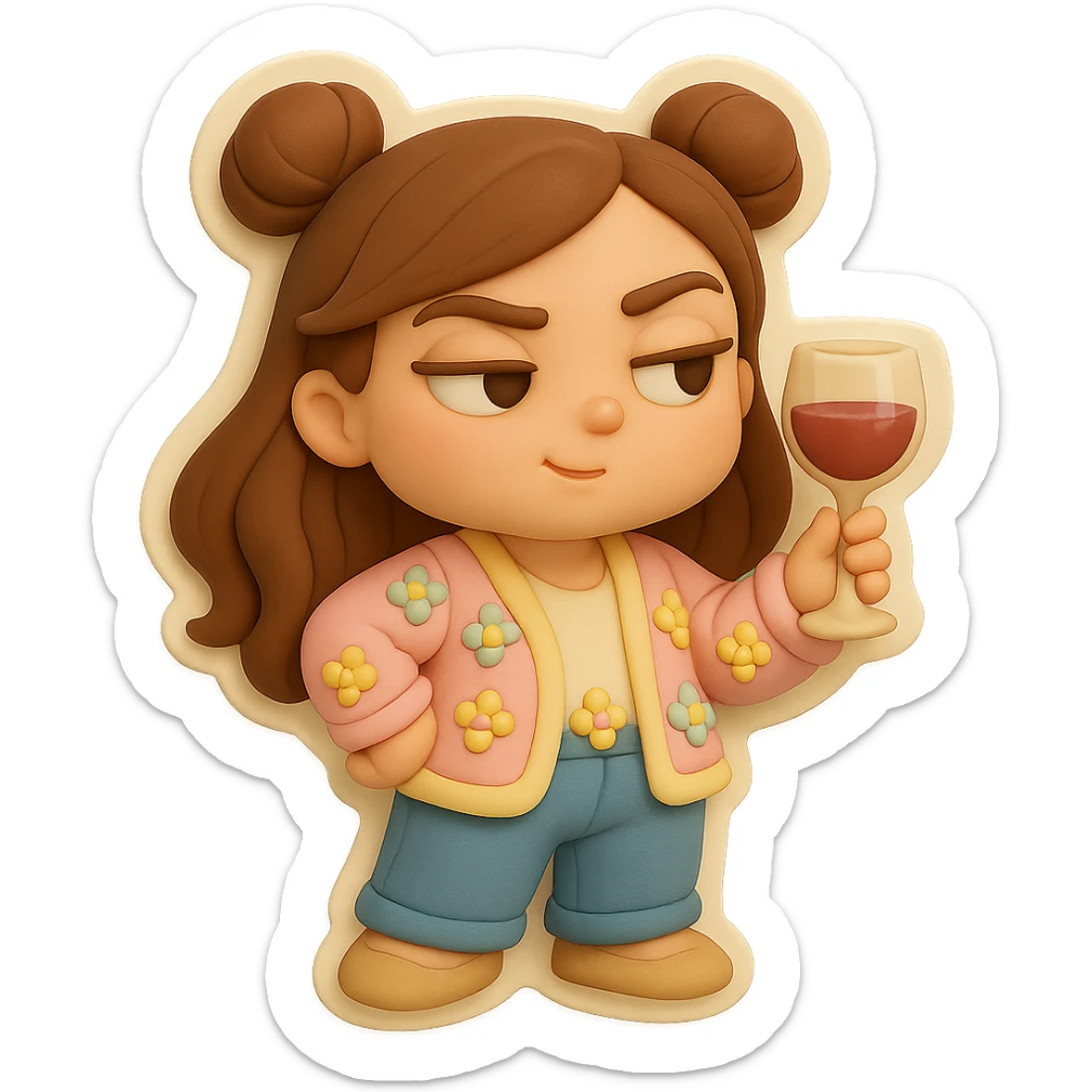 3D chibi fondant cake art style, high-quality rendering with smooth shadows and soft gradients. Girl based on reference image with preserved facial features and eye shape, long brown hair in two space buns, brown eyes, jeans, pastel floral cardigan, shoes, thick white outline like a sticker, transparent background. Expression: Holding a wine glass, acting fancy and superior. Ensure the face, hairstyle, eye shape, and shoes match the reference exactly. sticker