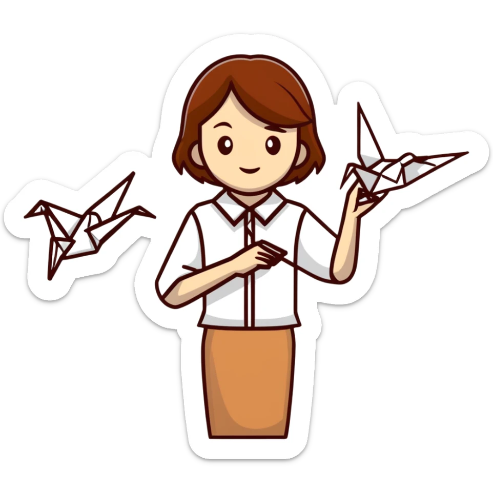 A happy Ukrainian young girl with brown hair in a white embroidered shirt makes an origami of a yellow and blue crane sticker