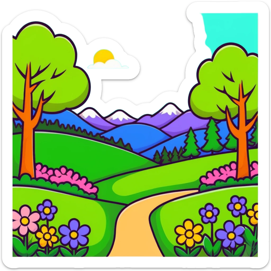 spring forest scene with colorful flowers and green trees in cartoon sticker style sticker