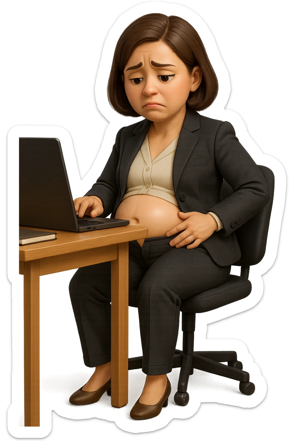emoji stile iphone di una donna seduta alla scrivania dell'ufficio in completo elegante con i pantaloni sbottonati perché ha la pancia gonfia, falla a corpo intero, iperrealistico 4k sticker