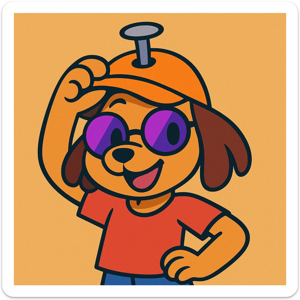cute puppy girl with a nail hat and half purple sunglasses, smiling and holding the hat up, fun and expressive cartoon style sticker