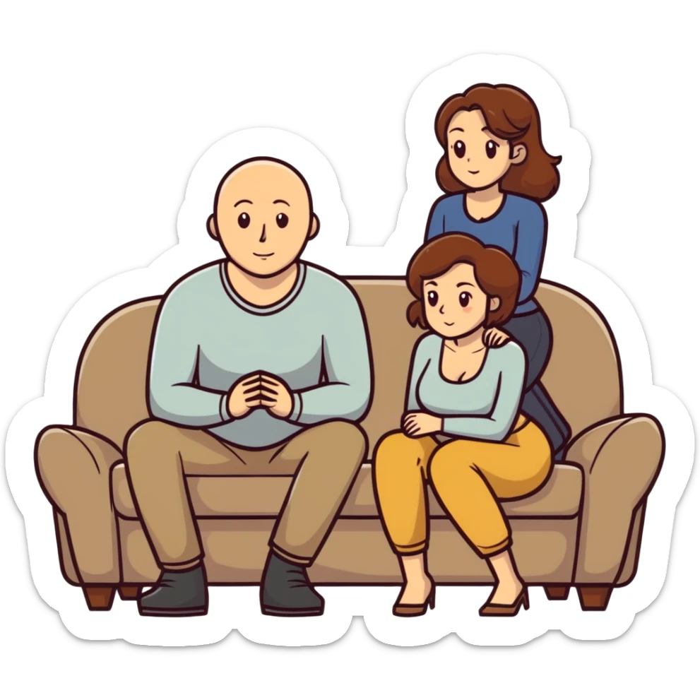 One Caucasian woman with brown hair big boobs wearing pants sitting on a couch with a bald man. Shebis kneeling sticker
