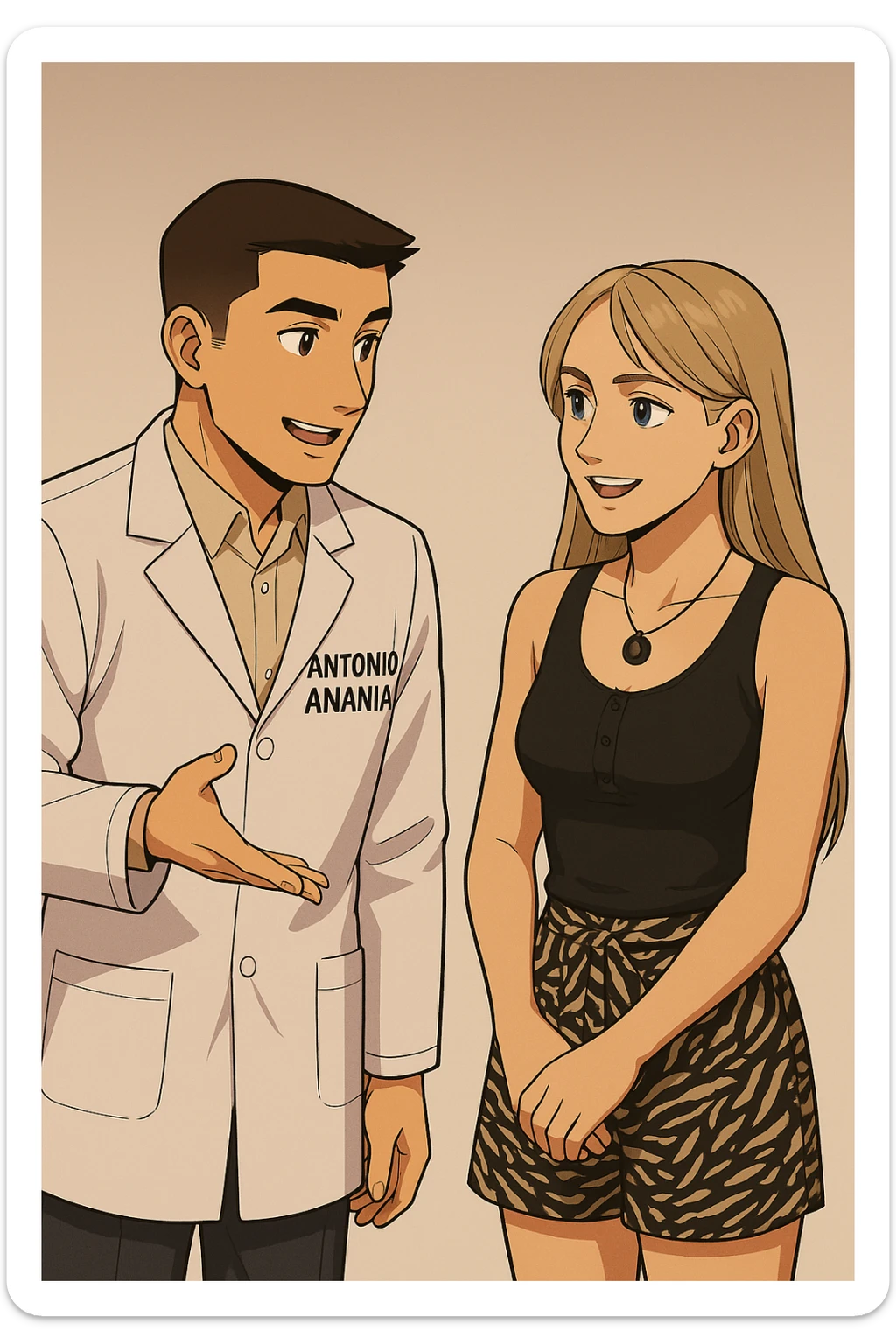 fai un webtoon/manga a colori con questo kinesiologo in camice bianco (fagli la scritta "ANTONIO ANANIA" SUL CAMICE) CHE PARLA CON QUESTA RAGAZZA CON GLI OCCHI AZZURRI. la ragazza gli fa una domanda e IL KINESIOLOGO CON IL CAMICE BIANCO LE risponde. NON FARE I FUMETTI, FAI SOLO LORO COME SE DIALOGASSERO sticker