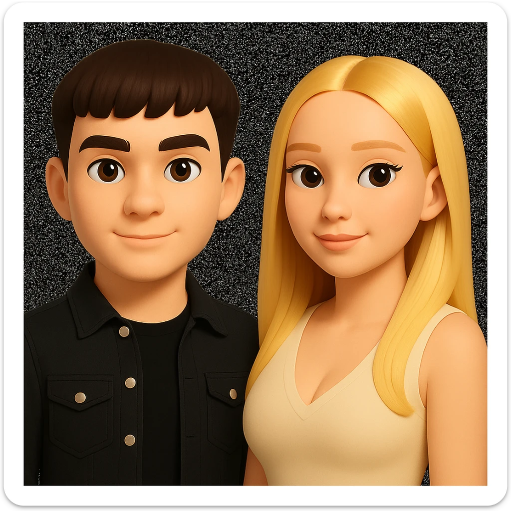 Slightly increase the volume of the upper body of the girl, separate the girl and the boy from each other, and make the skin color the same for both characters. Maintain the cartoonish 3D style in the edit. sticker