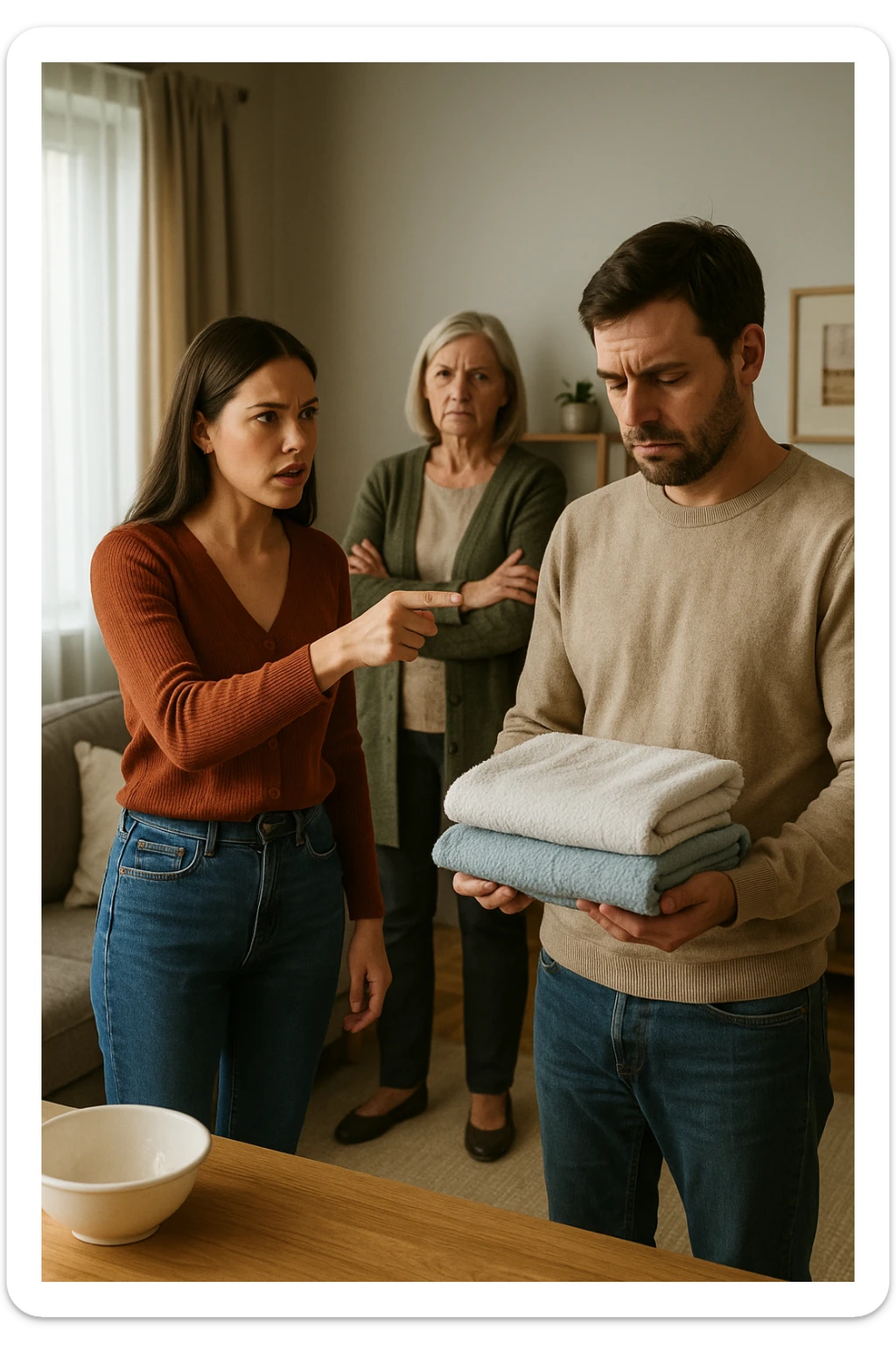 a woman stands assertively in the center of a living room, giving clear instructions to her partner. The man, with a submissive and resigned expression, follows her directions, perhaps holding household items or performing a chore. Behind them, an older woman (the mother-in-law) stands with crossed arms and a disapproving look, watching the scene unfold. The lighting is natural, and the atmosphere is tense but realistic. sticker