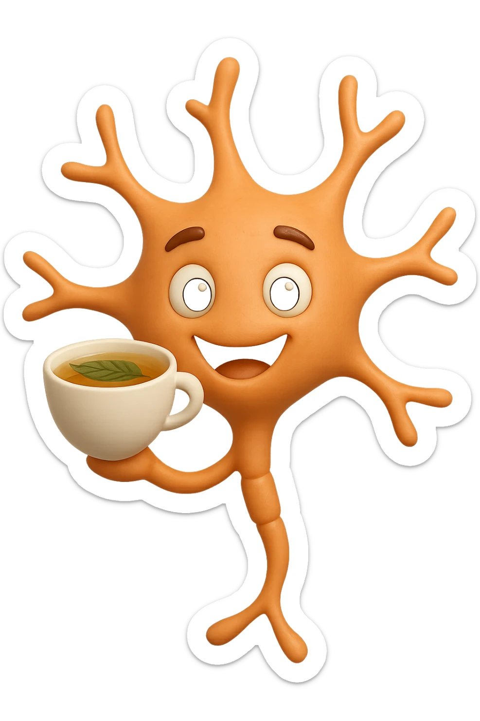 emoji stile iphone 3d di un neurone che fluttua in aria insieme ad un tè alle erbe, iperrealistico 4k sticker