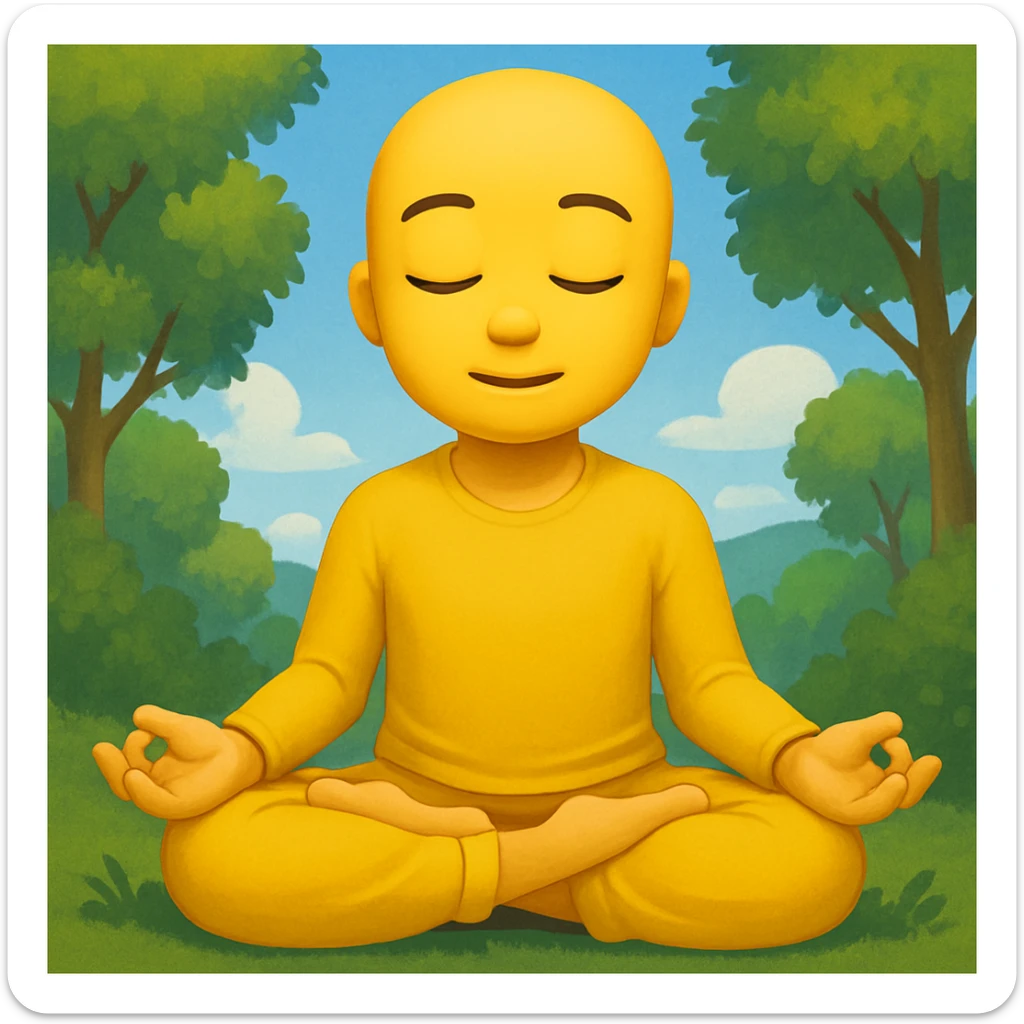 Add a peaceful nature background with trees and sky behind the meditating emoji, keep the classic emoji style sticker