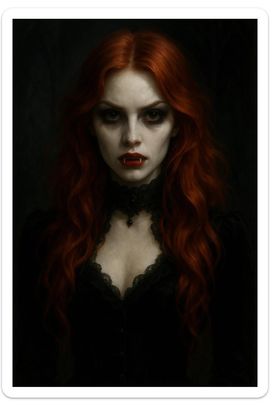 vampire girl with ginger hair, pale skin, fangs, gothic style sticker