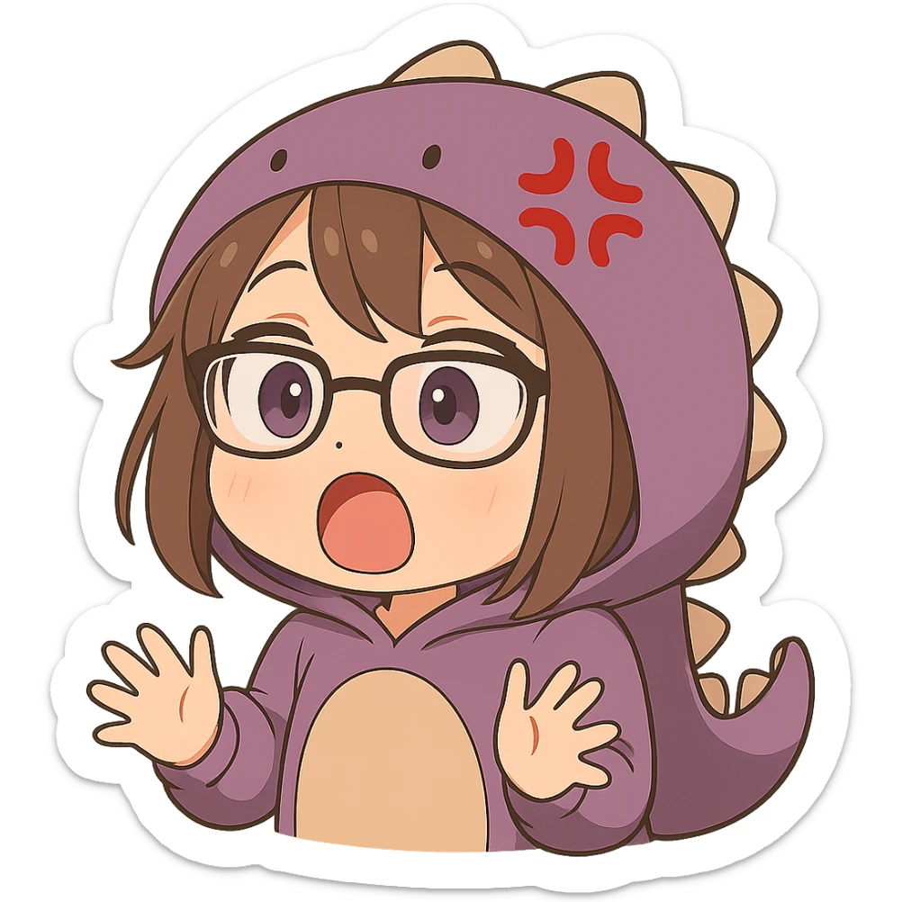 Chibi anime style gamer girl with glasses, brown hair, dark purple eyes, wearing a purple dinosaur costume, making a surprised emote, no controller, same style as reference, with no background sticker