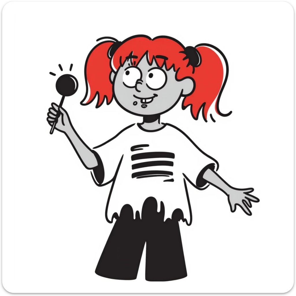 zombie girl with red hair, braces, and nose piercings, hand drawn doodle style sticker