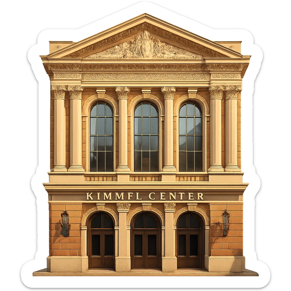 cinematic, realistic emoji of the Kimmel Center Theater in Philadelphia, straight-on perspective, featuring majestic, ornate architecture, lifelike detail, bright regal lighting as on a sunny day, accurate building colors sticker