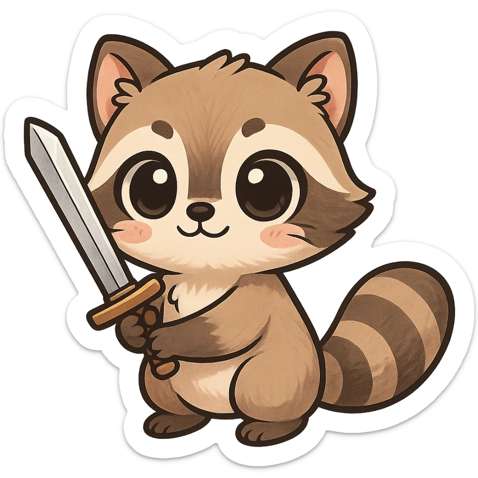 cute manga-style raccoon holding a sword, chibi style, big eyes, adorable expression sticker