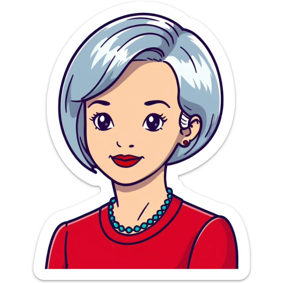 Elegant older woman with silver-gray bob haircut, light skin, almond eyes, red lipstick, red blouse, sophisticated warm smile sticker