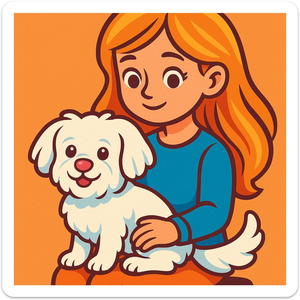 a cute white Maltese terrier with a pink nose sitting on the lap of a girl with long, blow-dried strawberry blond hair, brown eyes, delicate features, vibrant cartoon style sticker