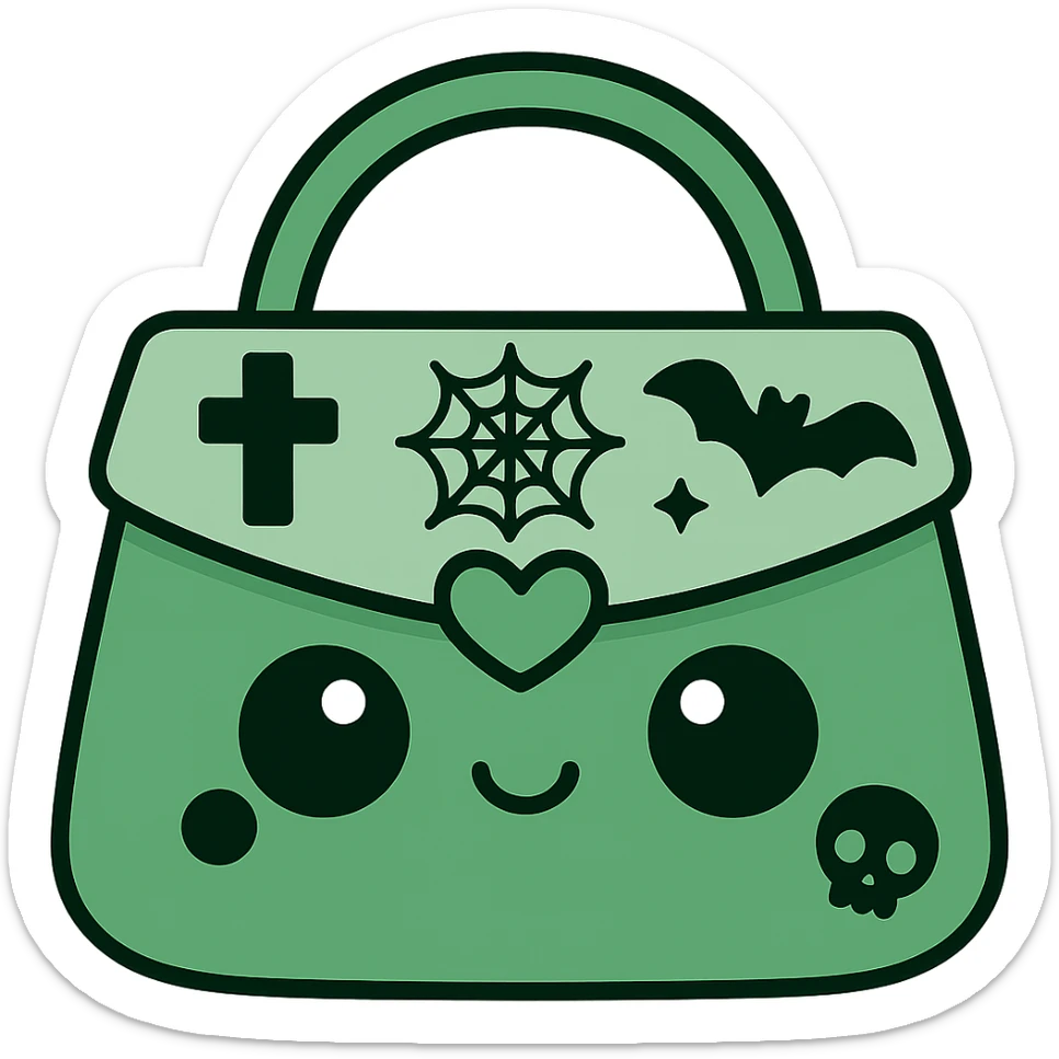 Change the color scheme to green and black. Create a gothic kawaii purse with big eyes, smiling, cartoonish and playful style. Include gothic details like crosses, spiderwebs, bats, and skulls. Remove the background. sticker
