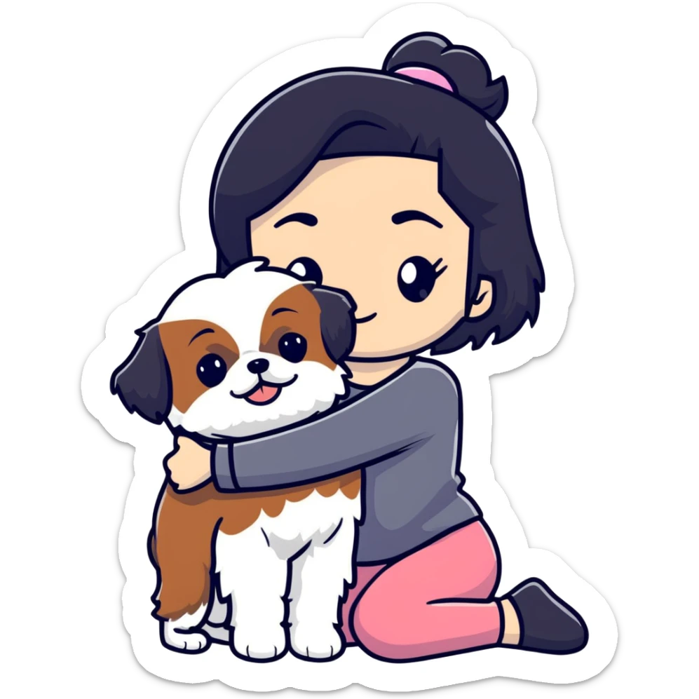 A girl with black hair hugging a Shih Tzu dog sticker