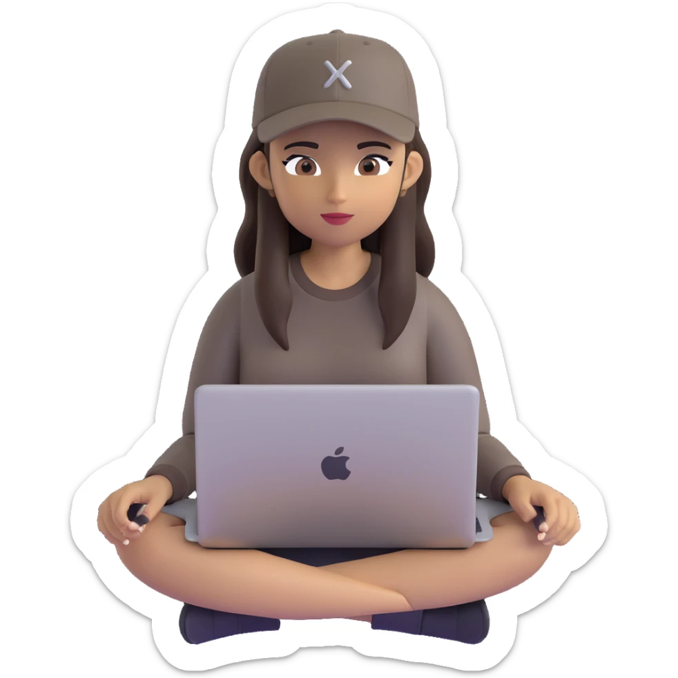A professional 3D avatar of a young woman with olive skin and long, dark brown hair, wearing a dark, long-sleeved dark taupe shirt and a black baseball cap. She's sitting at a sleek wooden desk, typing on a silver MacBook. sticker