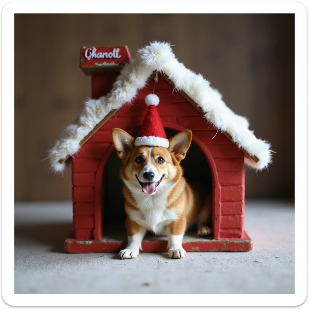 realistic red dog house with a Corgi dog inside, Corgi with a Santa hat, photorealistic style sticker