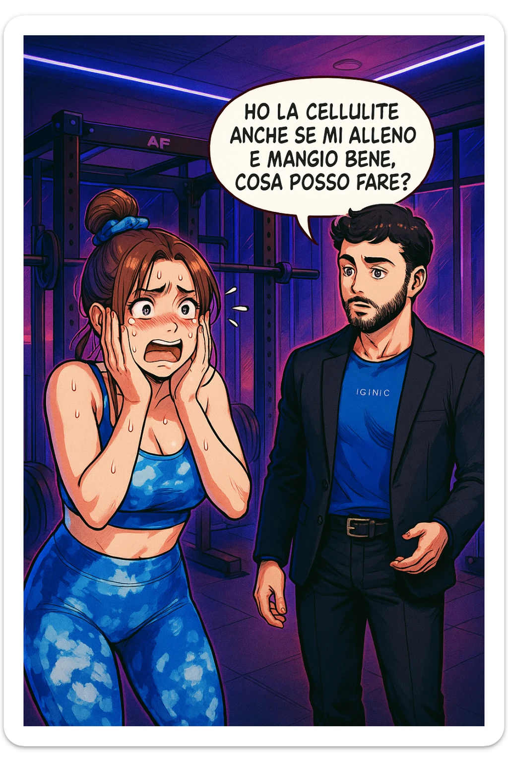 TRASFORMA QUESTO CAROSELLO IN UN FUMETTO STILE WEBTOON/MANGA A COLORI CON QUESTE DUE PERSONE IDENTICHE CHE INTERLOQUISCONO TRA LORO, LA DONNA è DISPERATA CON LE MANI SULLE GUANCE E STA DOMANDANDO TUTTA AGITATA UNA COSA ALL'UOMO:

LEI (DONNA): Ho la cellulite anche se mi alleno e mangio bene, cosa posso fare? sticker