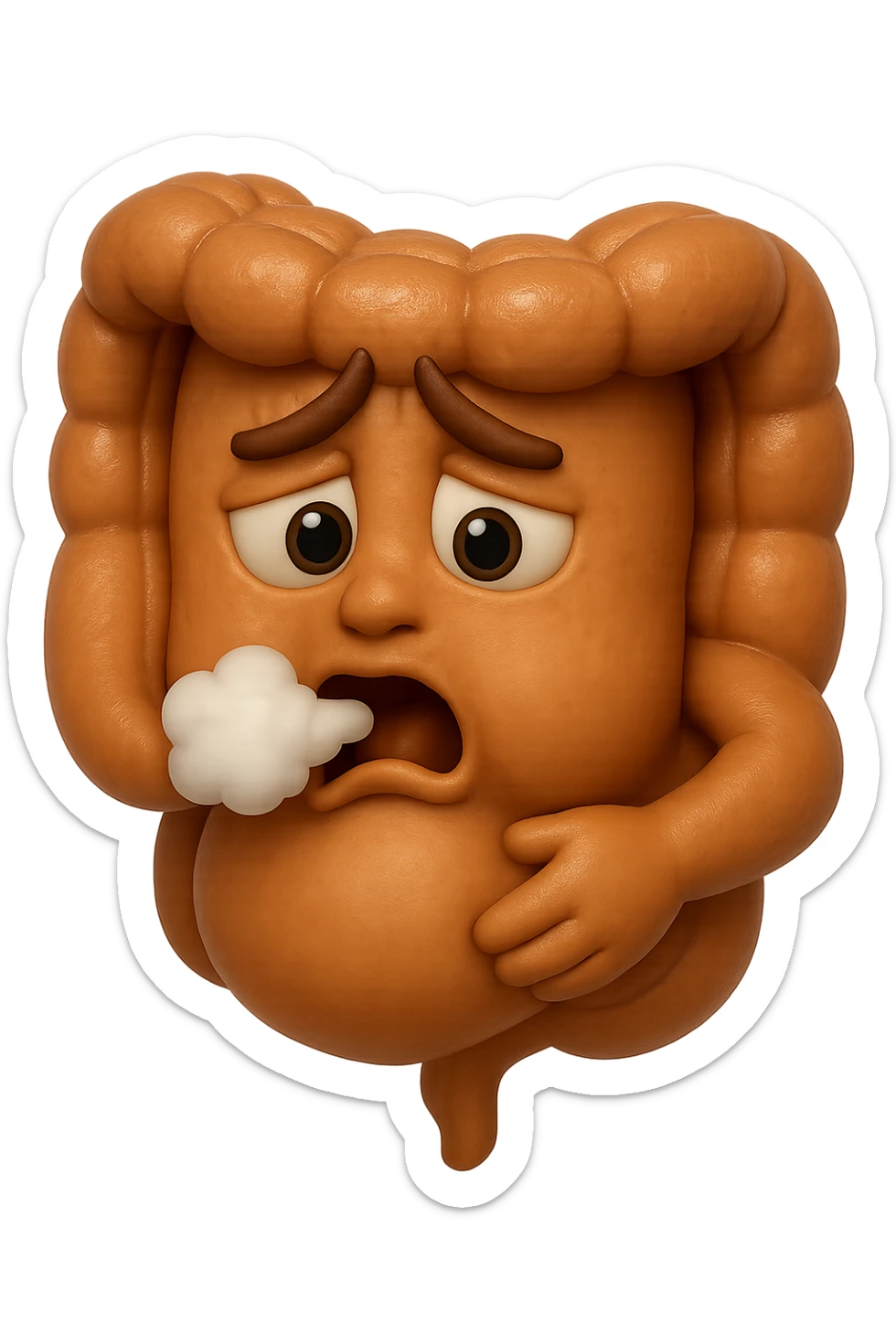 emoji stile iphone di un intestino che ingoia una nuvoletta di aria ben visibile e gli si gonfia la pancia, iperrealistico 4k sticker