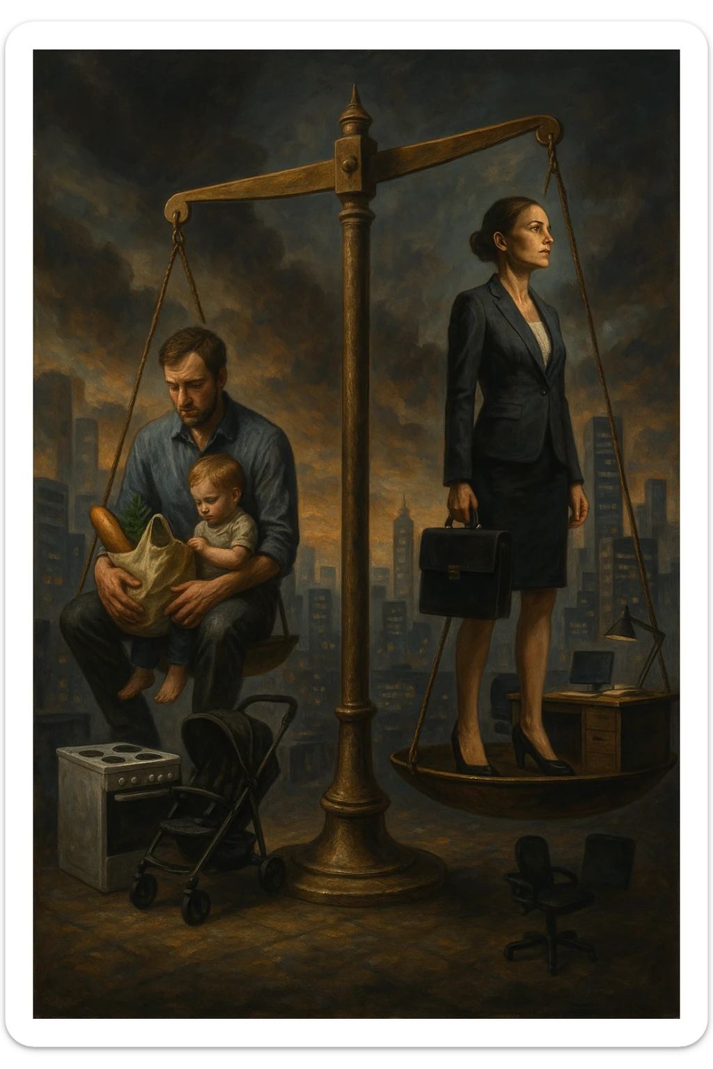 Scena metaforica: una bilancia sociale sbilanciata, con un uomo seduto da un lato con un bambino in braccio e una borsa della spesa, mentre una donna in carriera in abiti formali guarda lontano con espressione determinata. Intorno a loro, simboli confusi dei ruoli tradizionali (fornello, scrivania, passeggino, ufficio). Sullo sfondo, una città moderna e caotica. L’atmosfera è riflessiva, non giudicante. Luci contrastate, come a simboleggiare tensione culturale. in italiano sticker