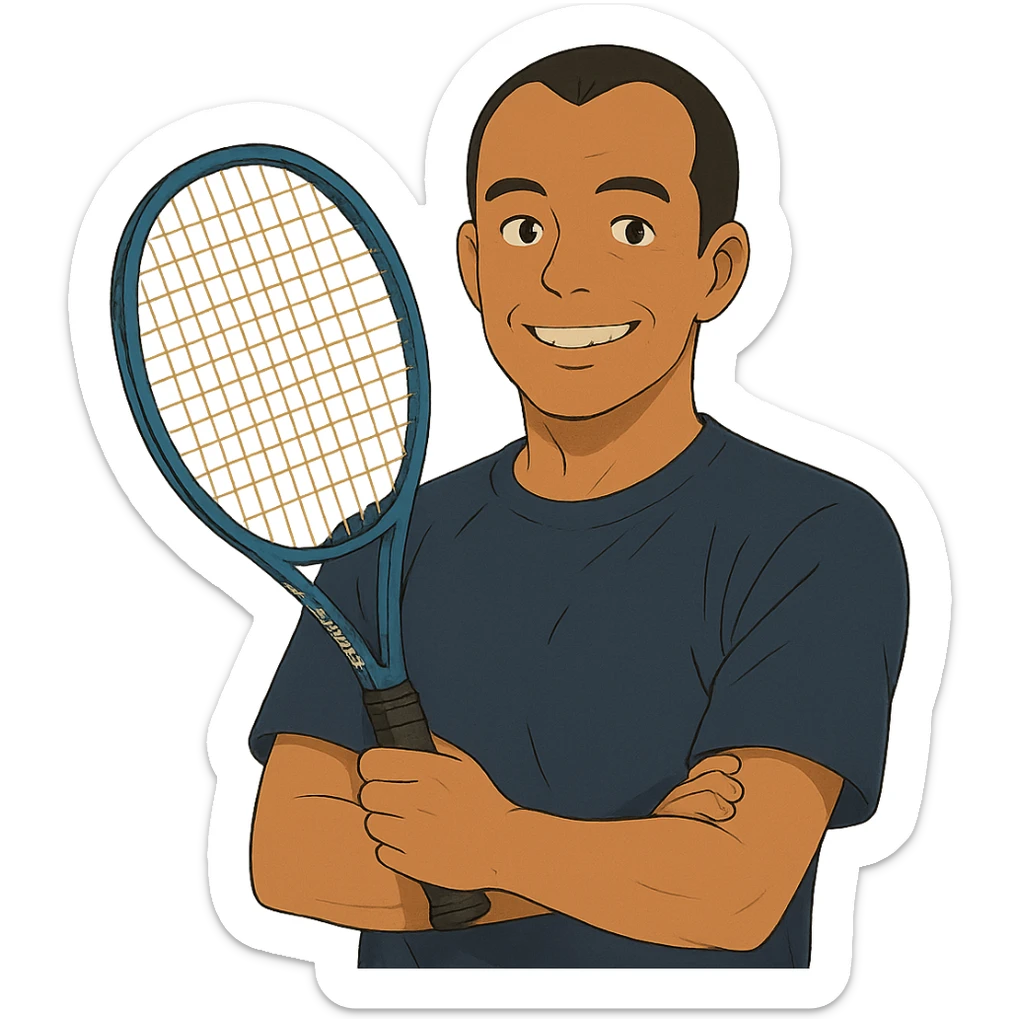 ghibli style light brown skinned tennis coach, short straight black hair with widow's peak, oval face, small eyes, smiling, holding blue Yonex racket, wearing navy blue dry fit shirt sticker