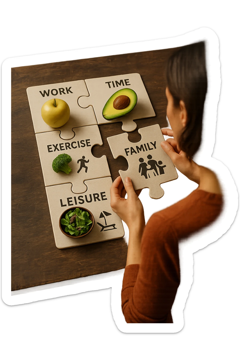 realistica cinematic photo a person is surrounded by puzzle pieces, each representing a different aspect of their life (work, exercise, family, leisure), and healthy foods are integrated into each piece. The person assembles the puzzle, creating a complete, personalized nutrition plan. The mood is uplifting and creative. in italiano sticker