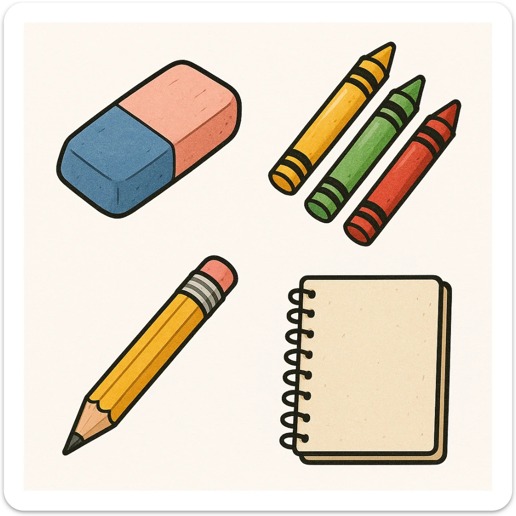 illustration of an eraser, various styles of school supplies sticker