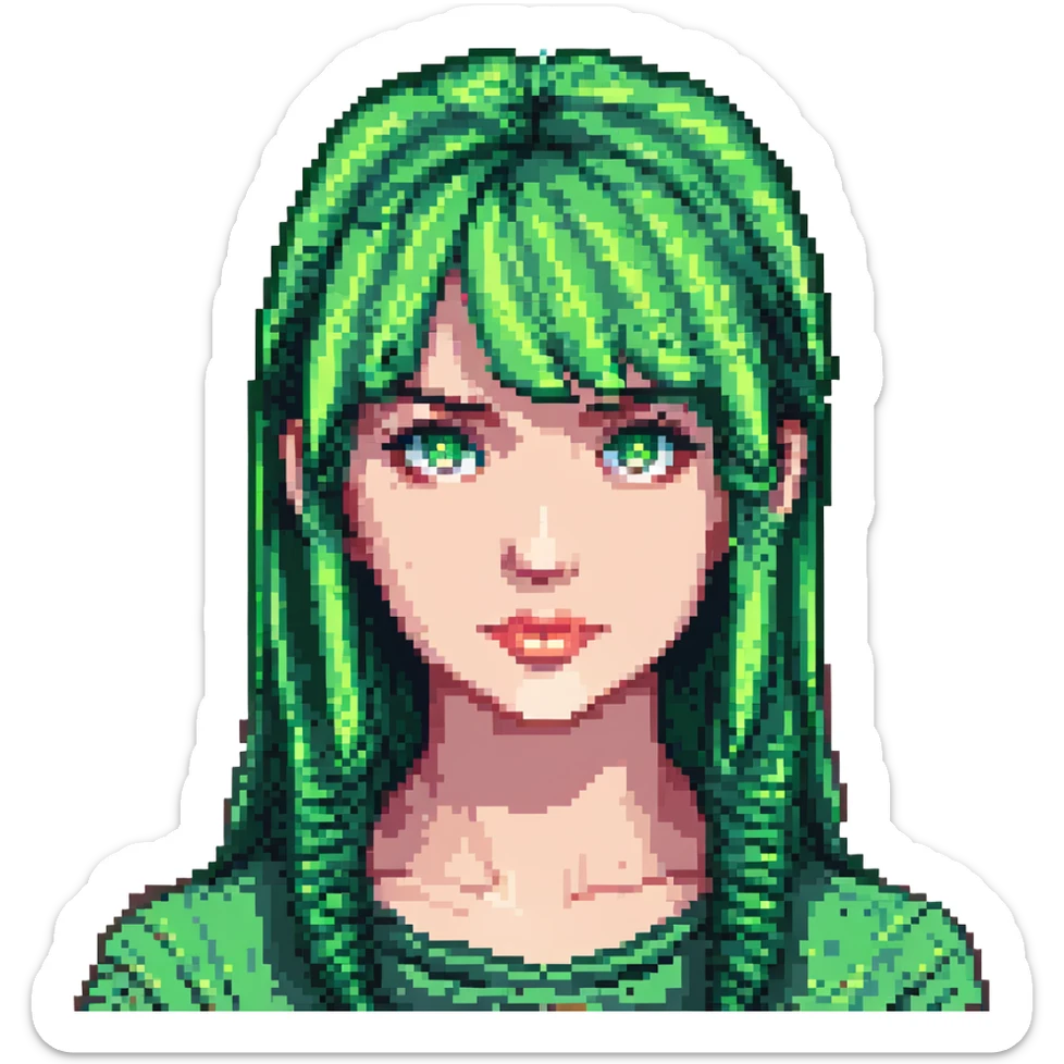 Minecraft pixel art face of Megan, with green hair, straight bangs, green eyes, matching the reference sticker