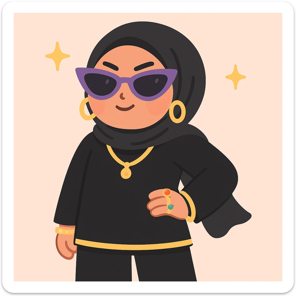 Change the outfit to black or very dark colors while keeping the baddie hijabi style. Show a fierce look with sunglasses, luxury accessories, chic hijab style, high fashion, confident stance, and gold accents. Accessories can stay colorful. sticker