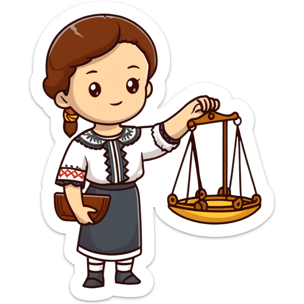 Ukrainian girl with brown hair wearing traditional embroidered shirt (vyshyvanka) holding scales of justice in her hand sticker
