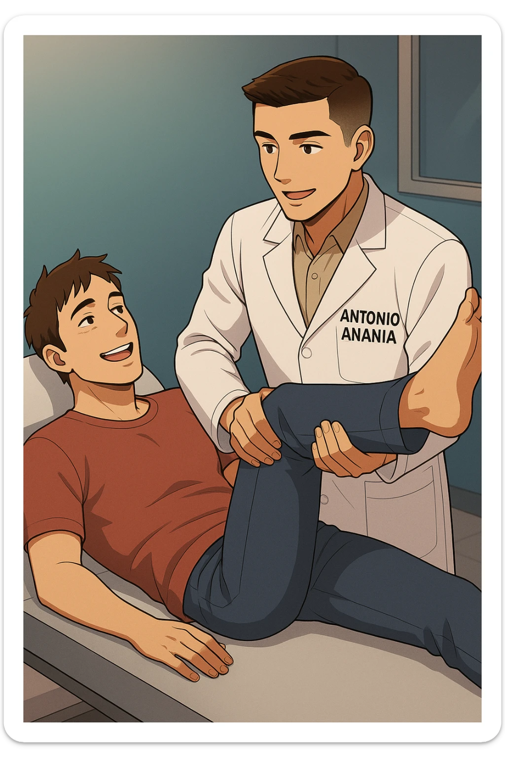 fai un webtoon manga a colori con questo stile, in cui un uomo è steso sul lettino medico e il kinesiologo con il camice bianco (fagli anche la scritta "ANTONIO ANANIA" SUL CAMICE, gli solleva una gamba per fargli il test neuromuscolare, IL KINESIOLOGO SPIEGA ALL'UOMO UNA cosa mentre gli alza la gamba. l'espressione dell'uomo è felice e soddisfatta, non fare i fumetti però, fai solo in modo che sembri stiano parlando, il lettino fai in modo che si veda tutto intero sticker
