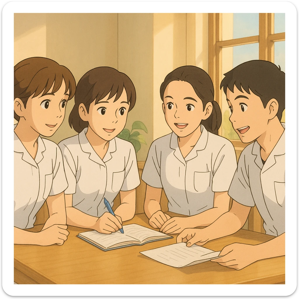 Quatre étudiants infirmiers en intérieur lumineux, style Ghibli, travaillant en collaboration et en interaction. Uniformes blancs à manches courtes, tuniques médicales col en V, poche poitrine à gauche, pas de pied de col, pas de stéthoscopes, avant-bras nus, cheveux longs attachés pour celles qui en ont. Inspirés des quatre visages fournis. sticker