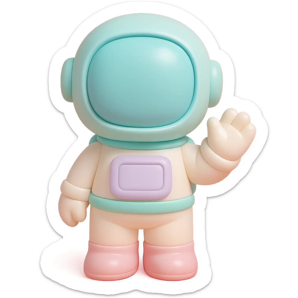 cute proportions astronaut waving in vinyl figure style sticker