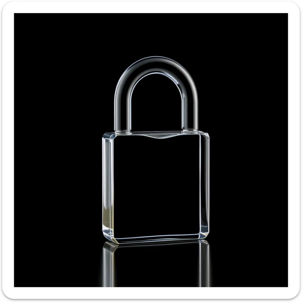 Photo of a 3d made of glass padlock, black void around symmetrical 3d render, rim light sticker