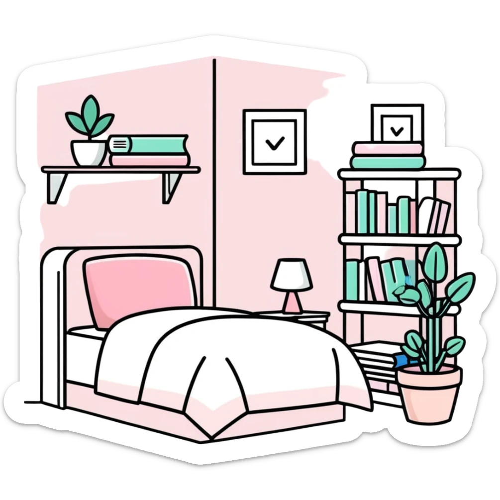 clean girl aesthetic bedroom with white furniture, pastel pink accents, neatly arranged books, potted plants sticker