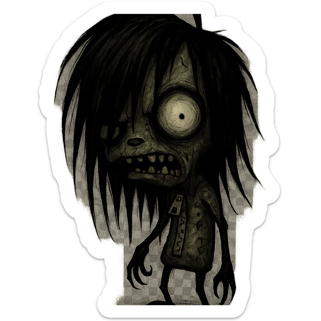 GIR zombie, long black emo hair, shaggy, dark, with a creepy and spooky expression sticker