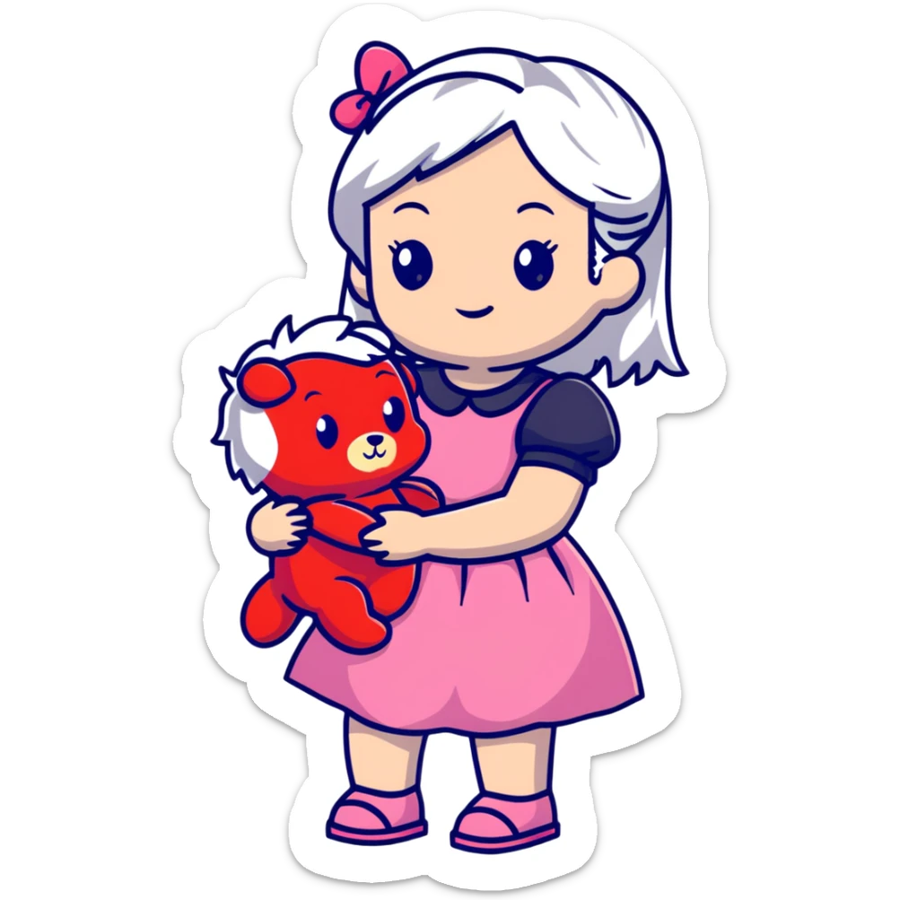 girl with white hair holding a strawberry wearing a pink dress holding a teddy bear sticker