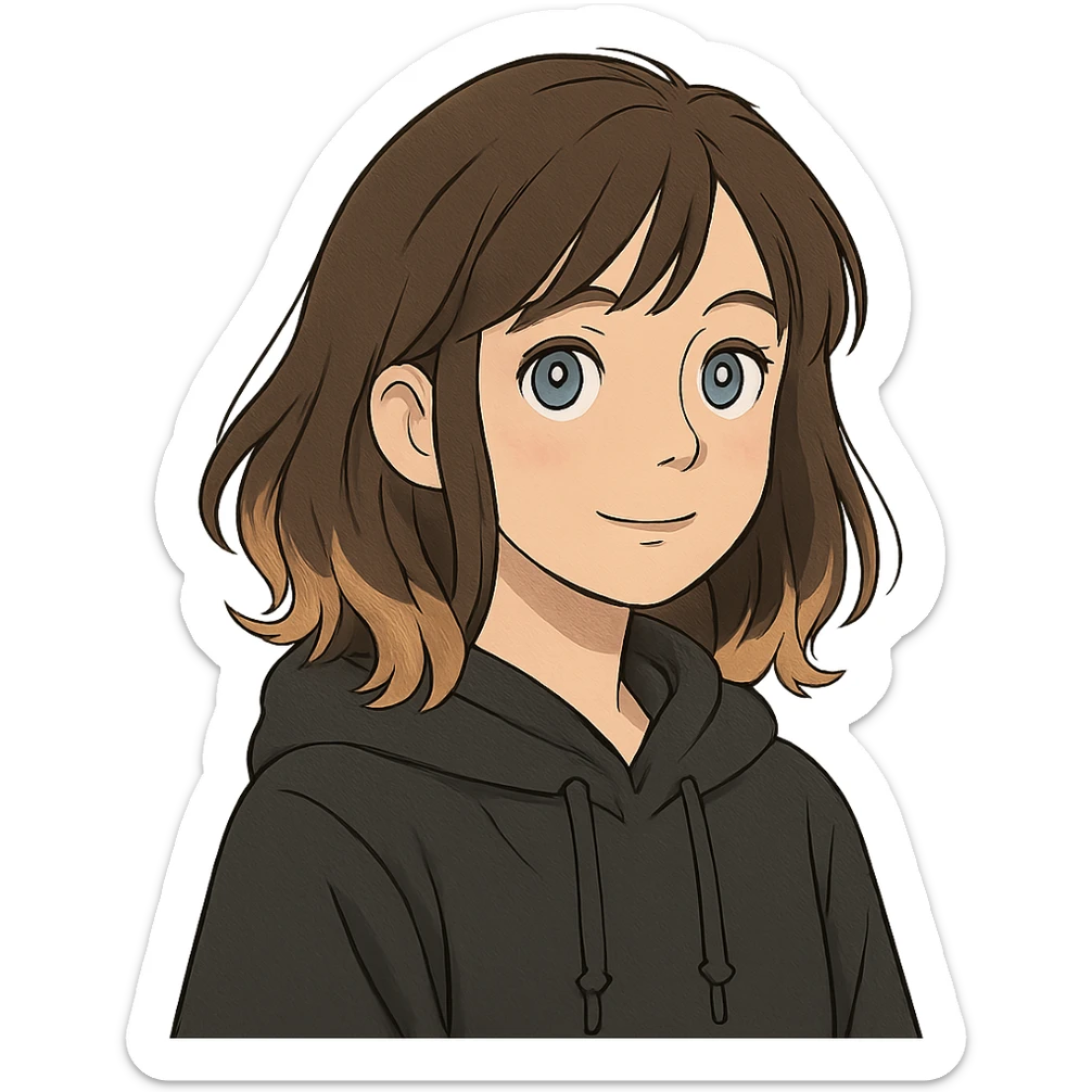 designer girl with blue eyes, brown hair with blonde highlights, black hoodie sticker