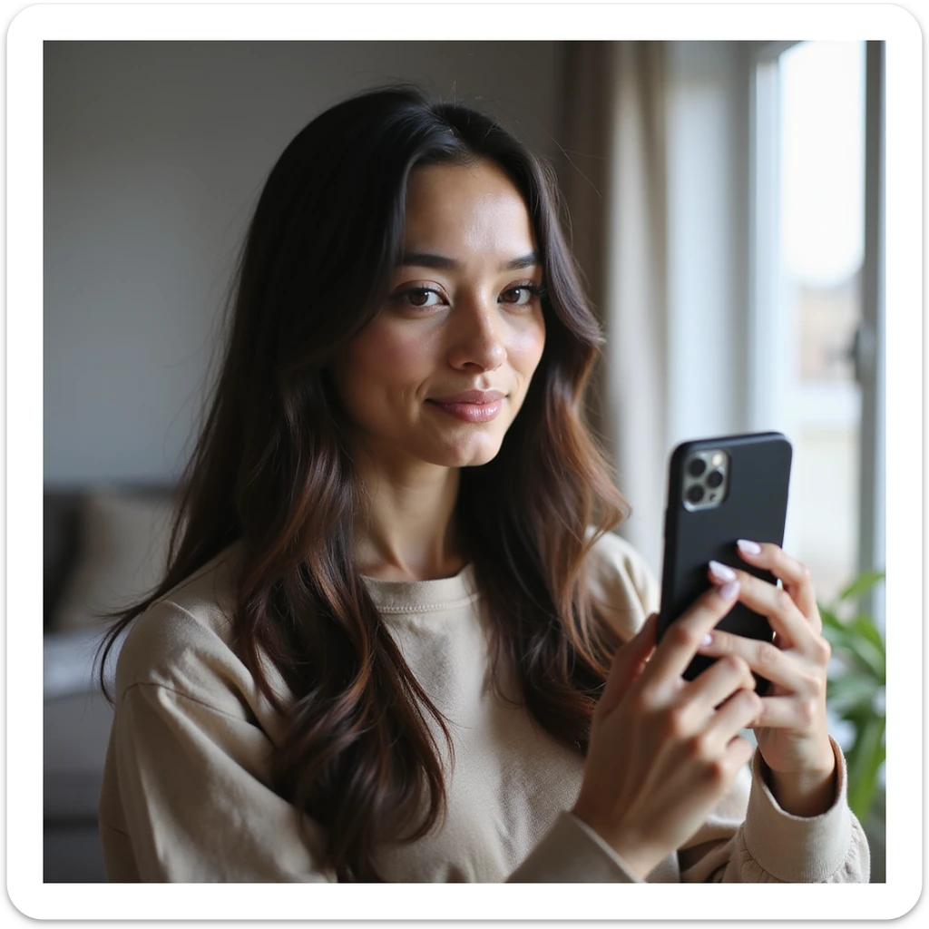 realistic PNG image of a woman with long straight dark brown-black hair holding an iPhone recording a TikTok video facing the camera with a focused expression dressed casually in a well-lit indoor setting transparent background sticker