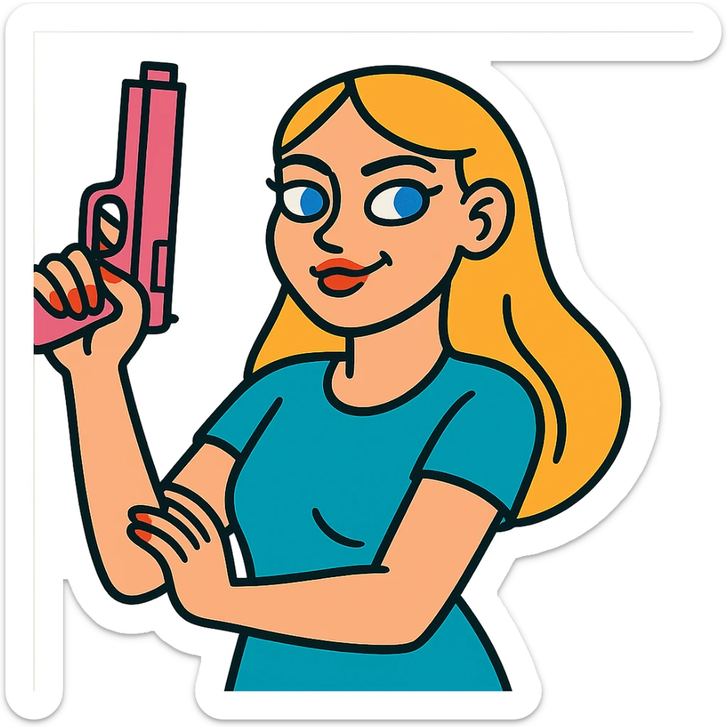 white girl, blue eyes, pink nails, holding a pink gun, playful and sassy vibe sticker