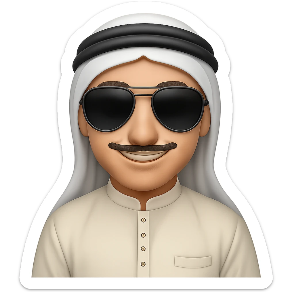 Add stylish sunglasses to the Emirati man wearing traditional white kandura and ghutra, maintaining a friendly expression. The image should have no background. Preserve the traditional attire and the friendly vibe clearly in the style of an edited image. sticker