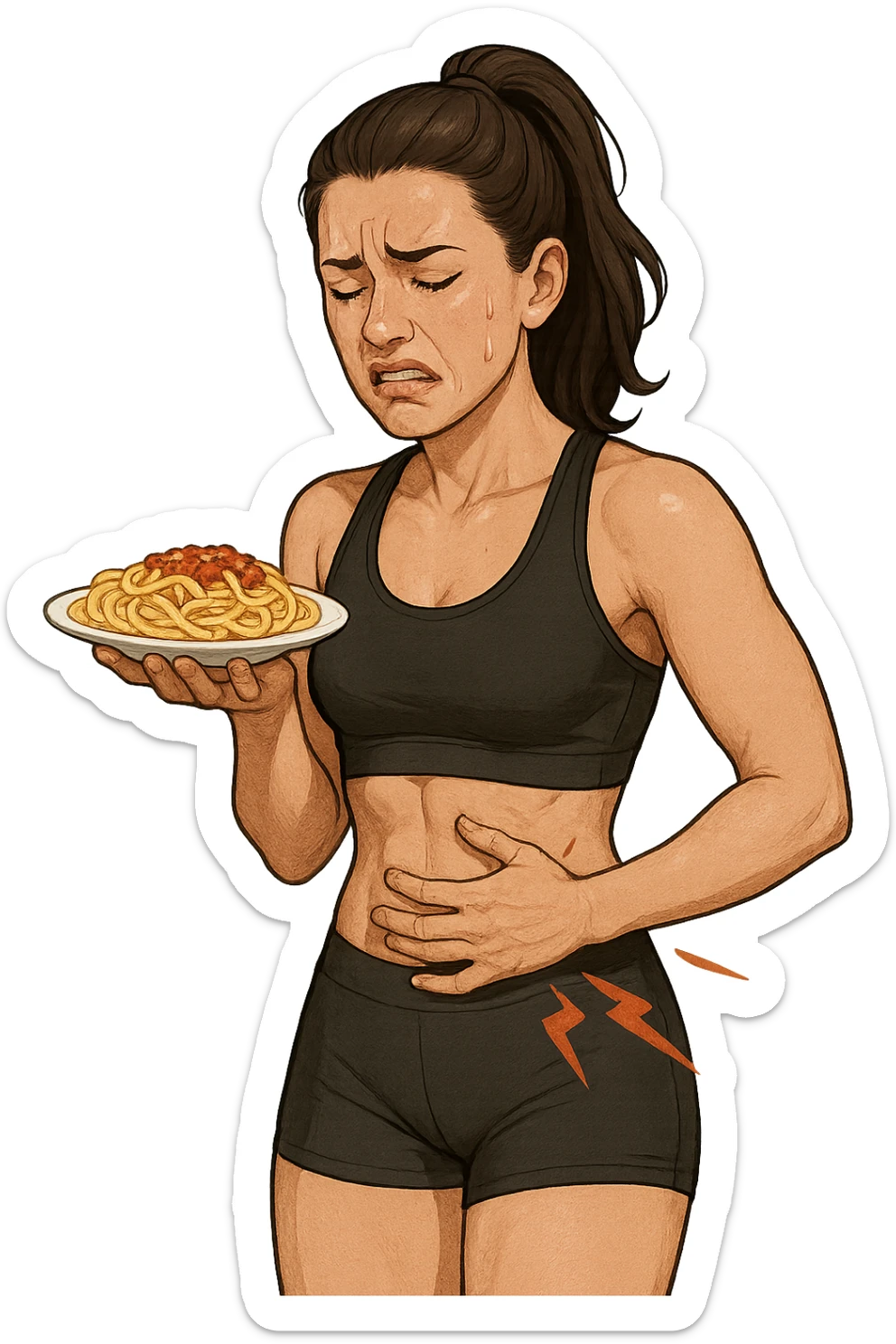 DONNA FITNESS CON PIATTO DI PASTA IN MANO E MAL DI PANCIA, FA FATICA A DIGERIRE sticker